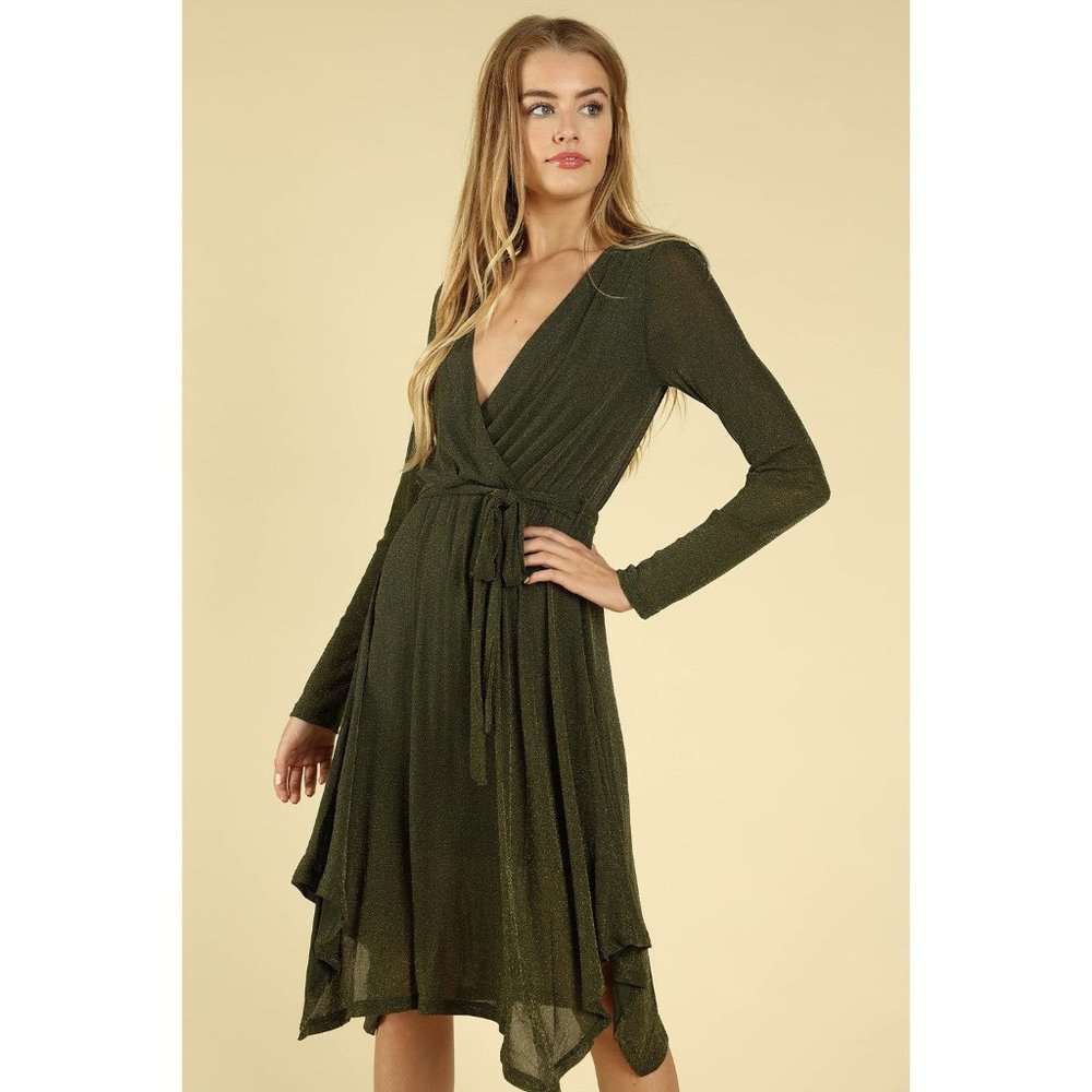 Honey Punch Shimmering Wrap Dress, Olive